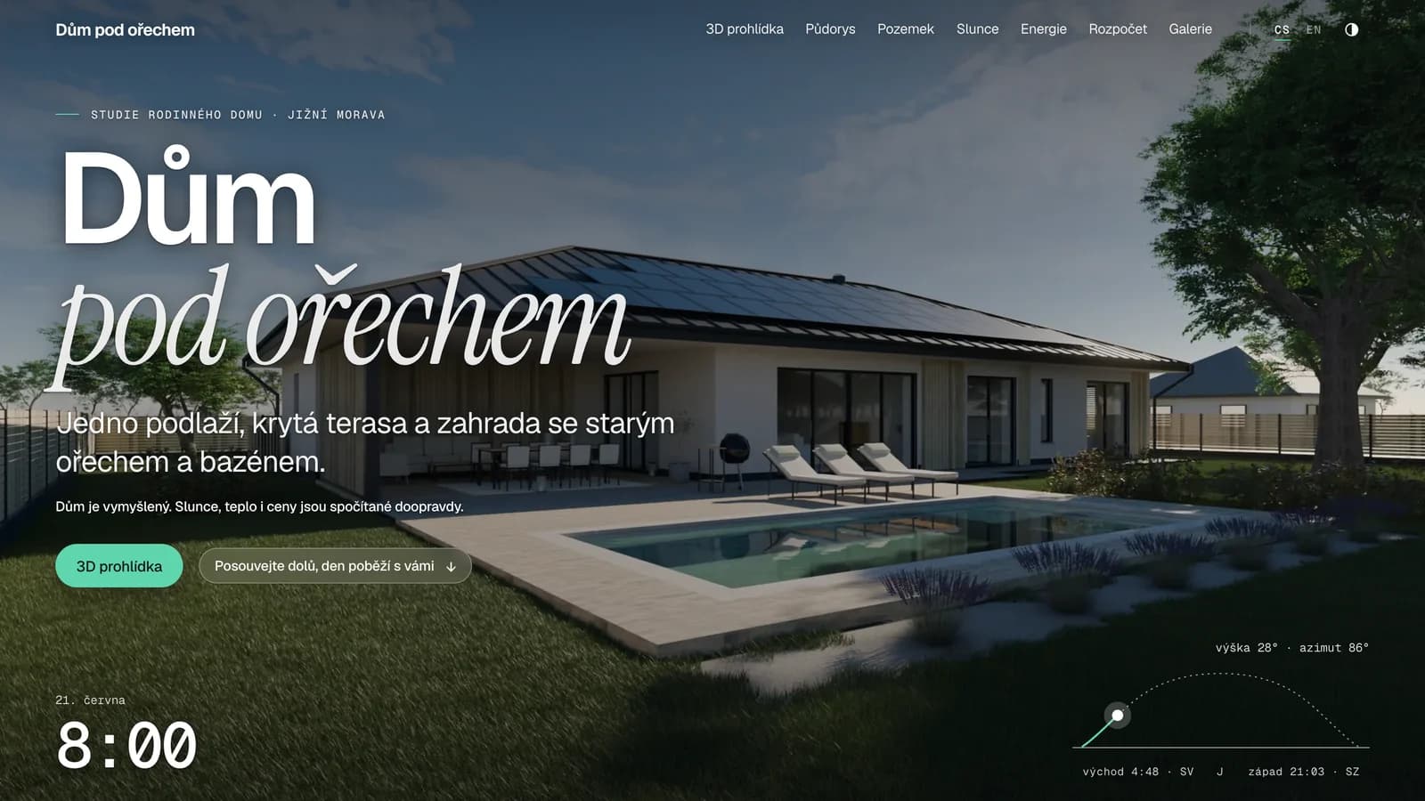 Úvodní stránka webu Dům pod ořechem s nadpisem a tlačítkem 3D prohlídky. Denní render fiktivního přízemního domu s fotovoltaikou na střeše, terasou a bazénem.